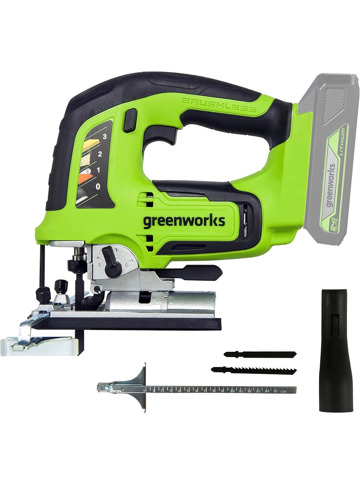 Greenworks GD24JS Akku Stichsäge, 3000spm, verstellbarer Sockel bis 45°, Saugaufsatz OHNE 24V Akku & Ladegerät