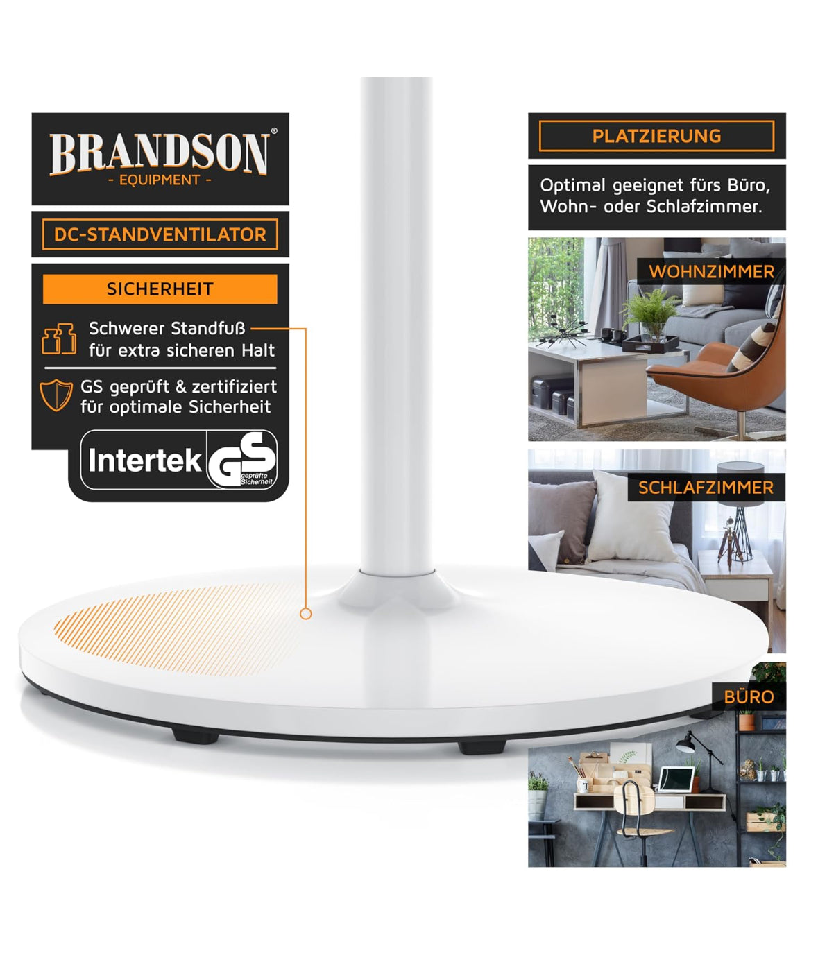 Brandson - DC Standventilator energiesparend ECO - Preisträger 2025 - Fernbedienung - Brushless Silent Motor -sehr leise – Oszilation 60° 90° 120° - Ventilator Timer – 12 Stufen - Turbo Modus - weiß