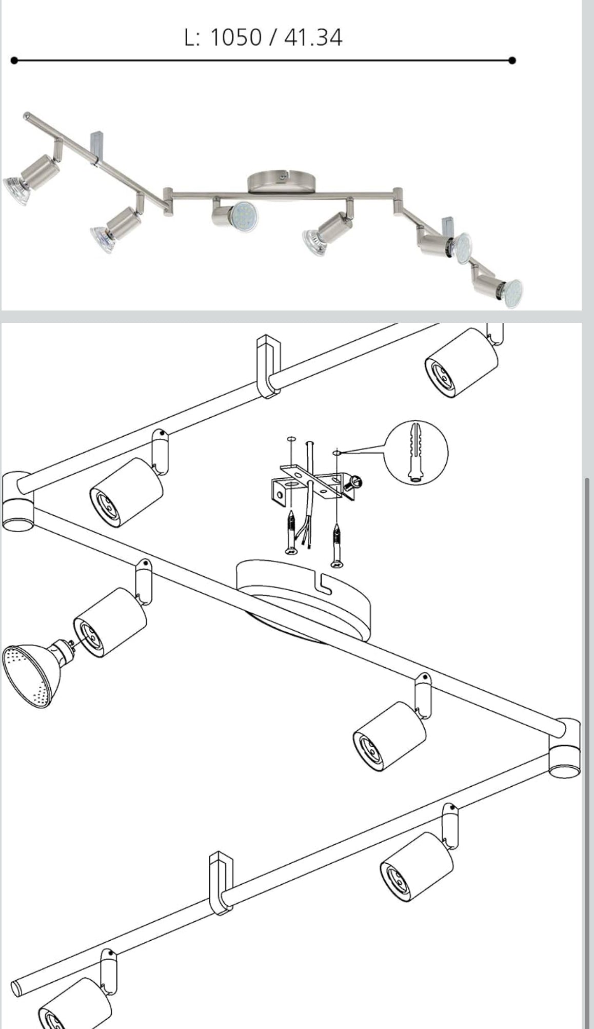 EGLO LED Deckenleuchte Buzz-LED, 6 flammige Deckenlampe, Deckenstrahler aus Metall in Nickel-Matt, Wohnzimmerlampe, Küchenlampe, Spots inkl. GU10 Leuchtmittel, warmweiß, L 105 cm