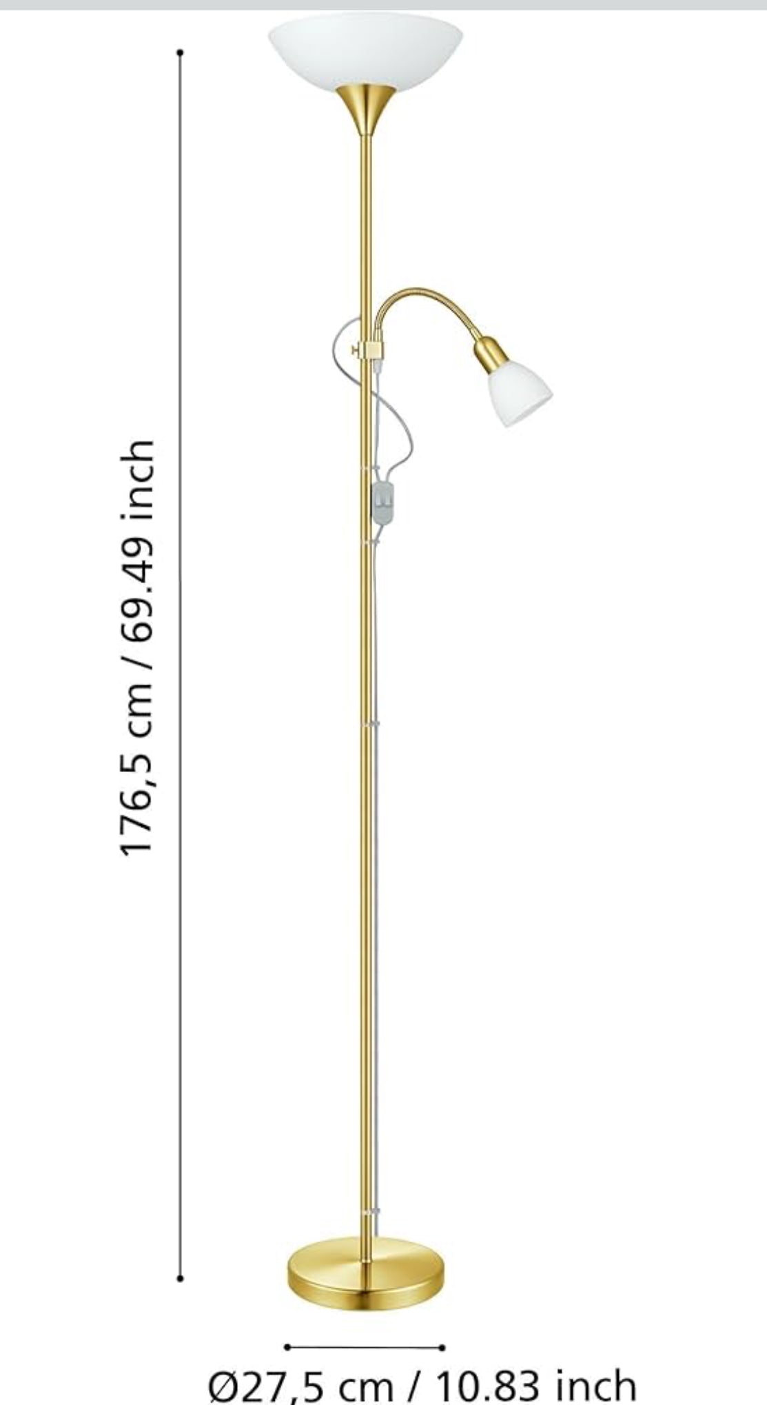 EGLO Stehlampe Up 2, 2 flammige Stehleuchte, Standleuchte aus Metall, Glas und Kunststoff, Wohnzimmerlampe in Messing-Matt, Weiß, Lampe mit Schalter, Deckenfluter mit Leselampe, E27 E14