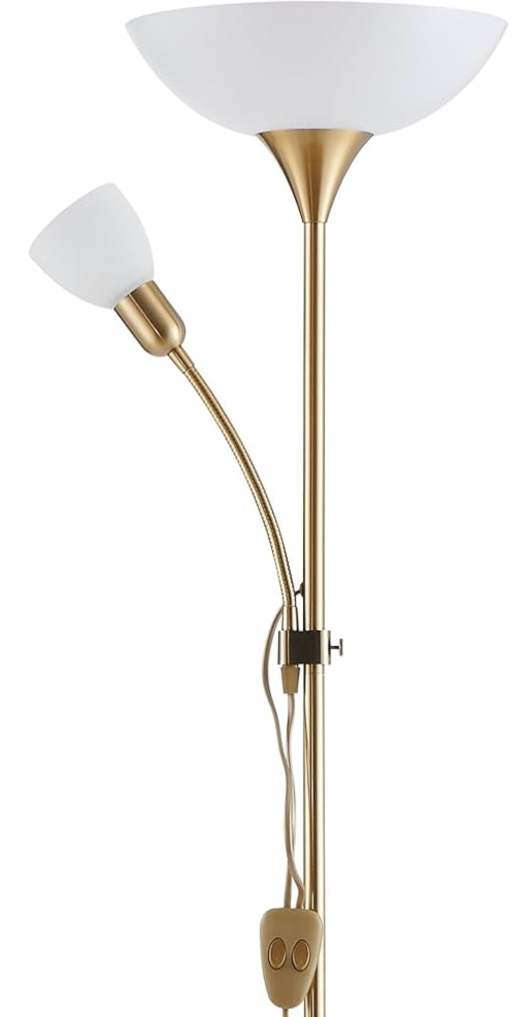 EGLO Stehlampe Up 2, 2 flammige Stehleuchte, Standleuchte aus Metall, Glas und Kunststoff, Wohnzimmerlampe in Messing-Matt, Weiß, Lampe mit Schalter, Deckenfluter mit Leselampe, E27 E14