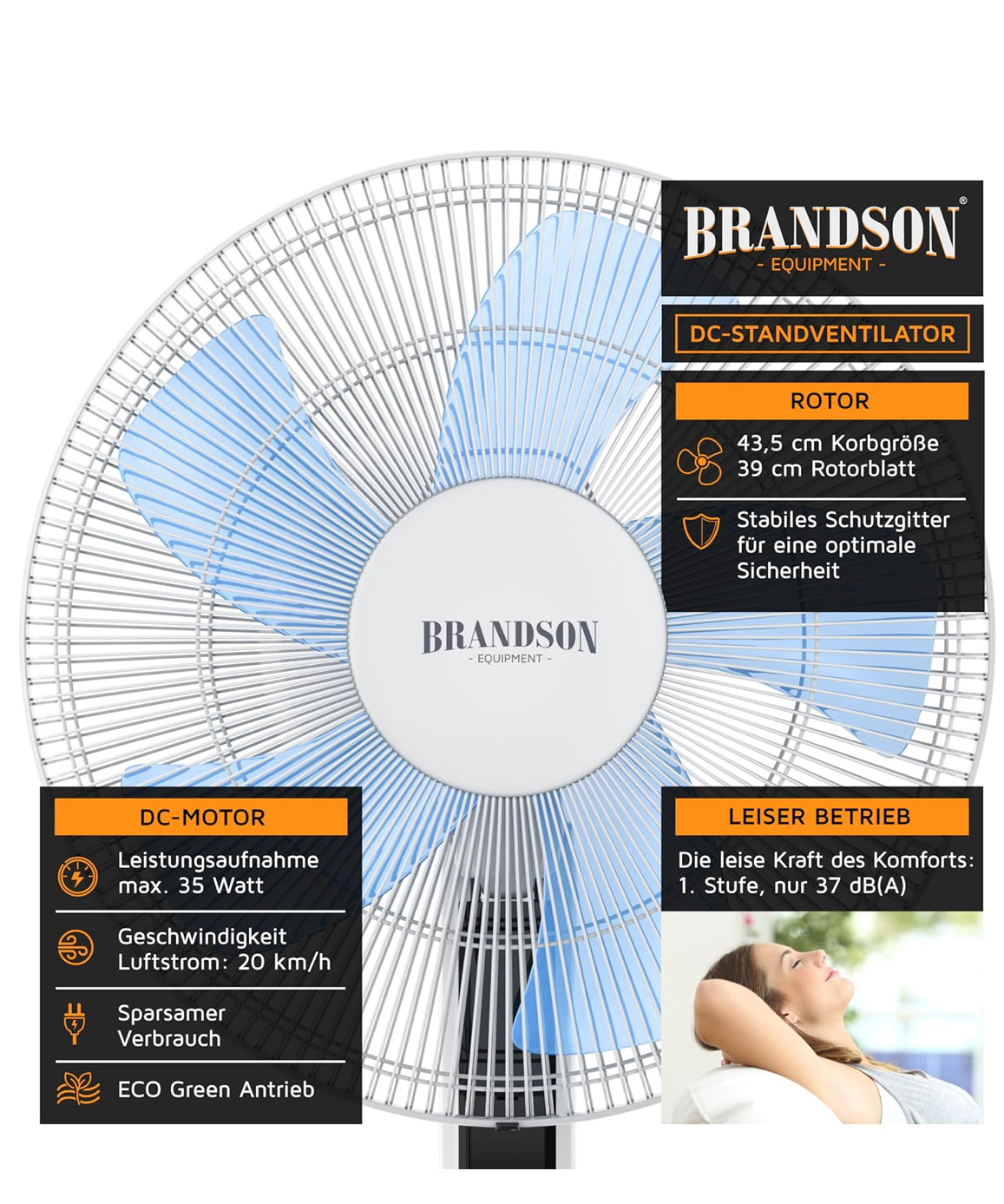 Brandson - DC Standventilator energiesparend ECO - Preisträger 2025 - Fernbedienung - Brushless Silent Motor -sehr leise – Oszilation 60° 90° 120° - Ventilator Timer – 12 Stufen - Turbo Modus - weiß