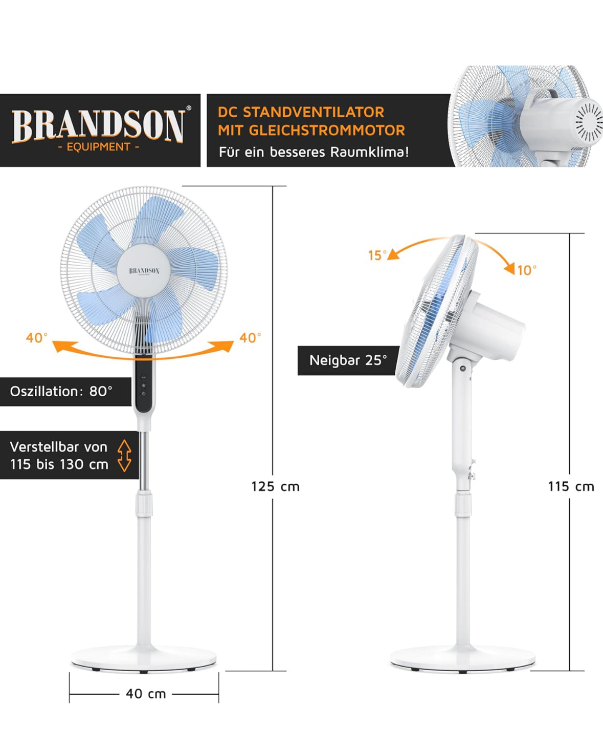Brandson - DC Standventilator energiesparend ECO - Preisträger 2025 - Fernbedienung - Brushless Silent Motor -sehr leise – Oszilation 60° 90° 120° - Ventilator Timer – 12 Stufen - Turbo Modus - weiß