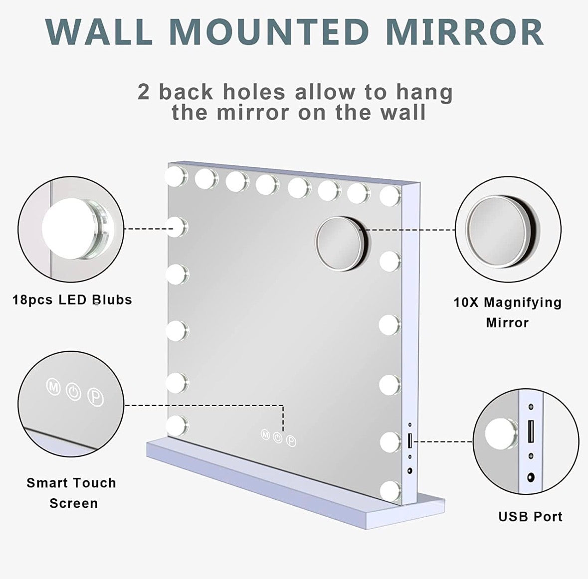 Großer Hollywood-Spiegel, 80 x 60 cm, Kosmetikspiegel mit 18 LED-Lampen, 3 Farben, Beleuchtungsmodus, Kosmetikspiegel mit USB-Ladeanschluss und 10-facher Lupe für Schlafzimmer