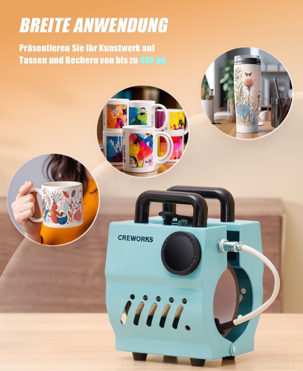CREWORKS Mini Tassenpresse 9-15 oz Mug Sublimationspresse Mug Press Einstellbarer Zeittemperatur Tragbare Tassenpresse Maschine Becherpresse 265-440 ml Mugpresse Hitzepresse Heißpresse