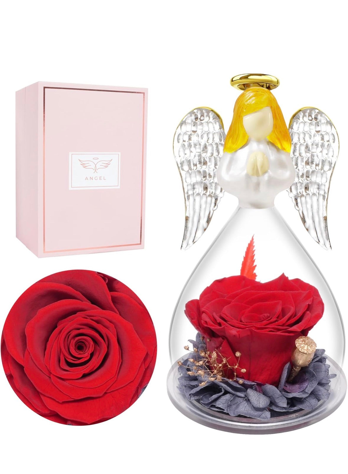 Ewige Rose im Glas, Engel Figur Geschenke für Mama, Infinity Rose 13cm groß