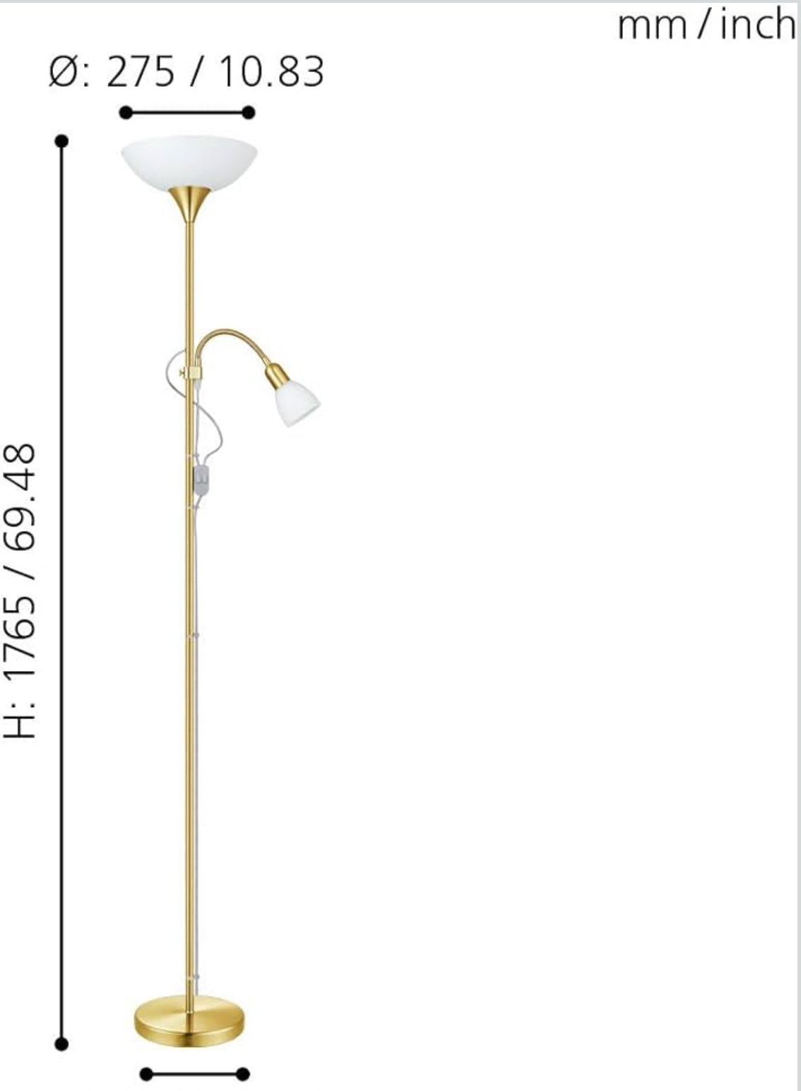 EGLO Stehlampe Up 2, 2 flammige Stehleuchte, Standleuchte aus Metall, Glas und Kunststoff, Wohnzimmerlampe in Messing-Matt, Weiß, Lampe mit Schalter, Deckenfluter mit Leselampe, E27 E14