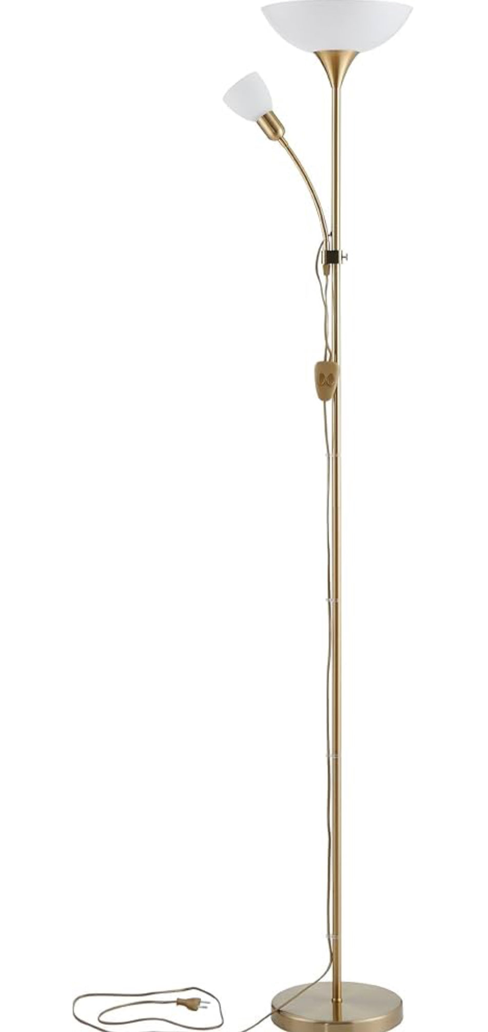 EGLO Stehlampe Up 2, 2 flammige Stehleuchte, Standleuchte aus Metall, Glas und Kunststoff, Wohnzimmerlampe in Messing-Matt, Weiß, Lampe mit Schalter, Deckenfluter mit Leselampe, E27 E14