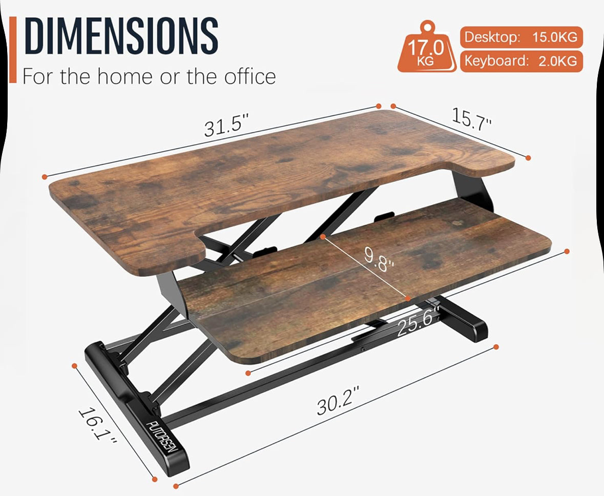 PUTORSEN Höhenverstellbarer Sitz-Steh-Arbeitsplatz Schreibtisch Computer Workstation, Schreibtischaufsatz Steharbeitsplatz Standtisch - 32" Tabletop Stehpult - Rustikales Braun
