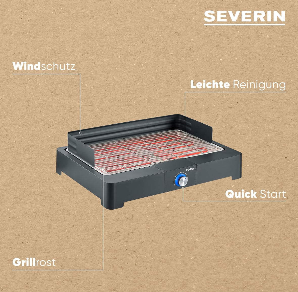 SEVERIN Tischgrill mit Edelstahl-Grillrost für drinnen und draußen, Elektrogrill mit schnellem Grill-Start, Balkon Grill ohne Verbrennungsgefahr, Schwarz, PG 8565 ( Ohne OVP und Bedienungsanleitung)