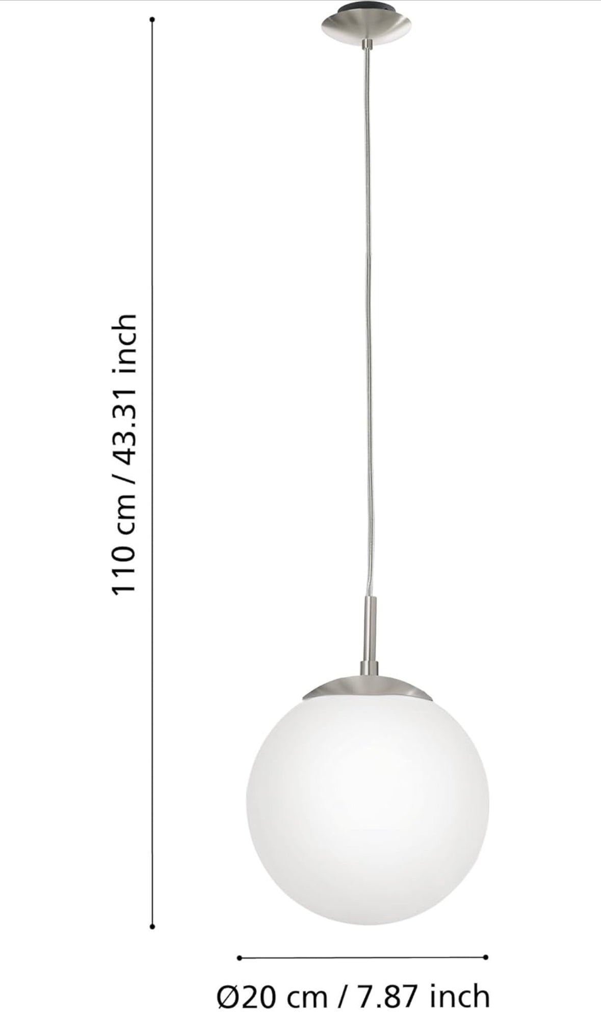 EGLO Hängelampe Rondo, 1 flammige Pendelleuchte, Hängeleuchte aus Metall in Silber und Glas in opal matt weiß, E27 Fassung, Ø 20 cm