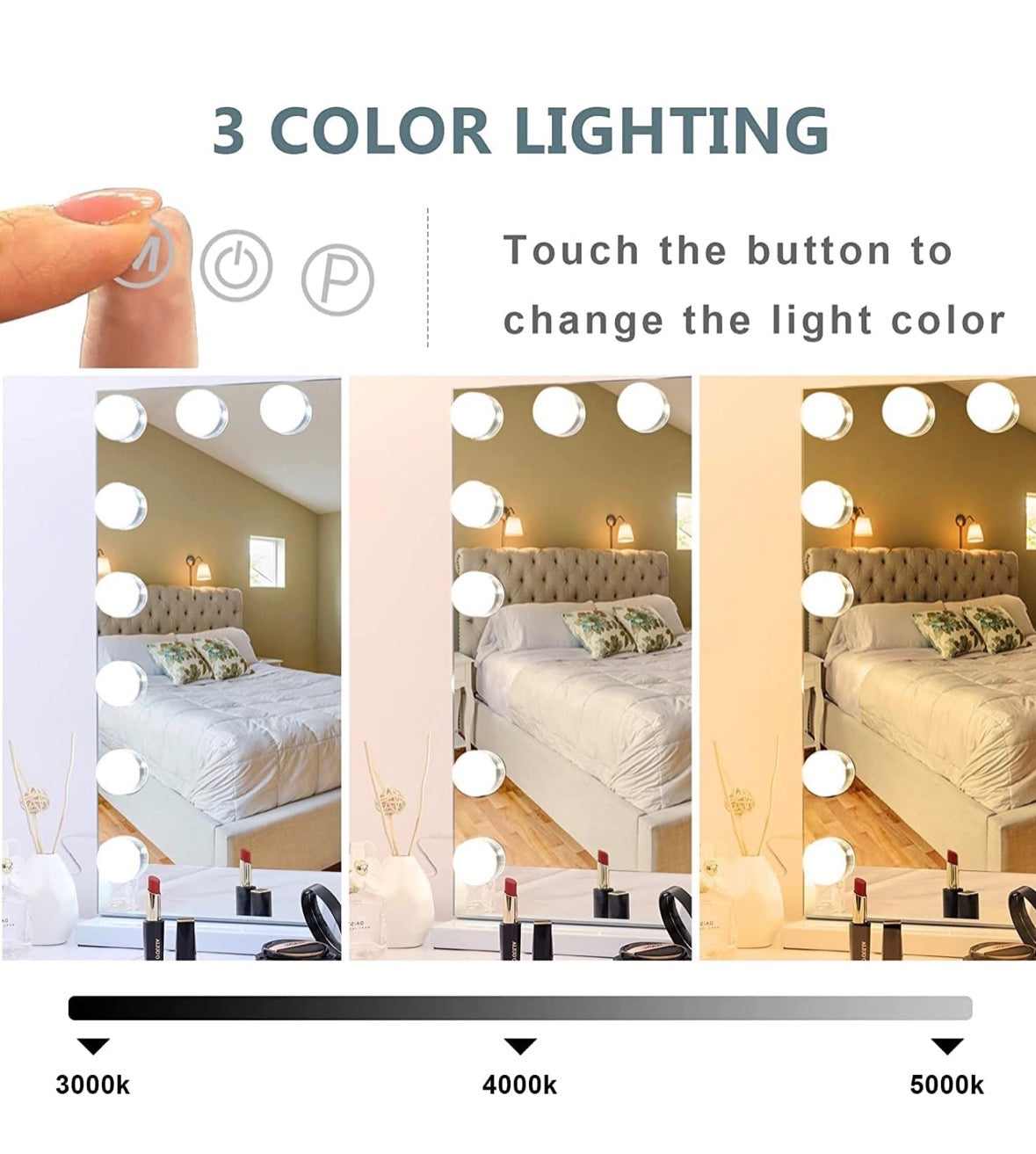 Großer Hollywood-Spiegel, 80 x 60 cm, Kosmetikspiegel mit 18 LED-Lampen, 3 Farben, Beleuchtungsmodus, Kosmetikspiegel mit USB-Ladeanschluss und 10-facher Lupe für Schlafzimmer