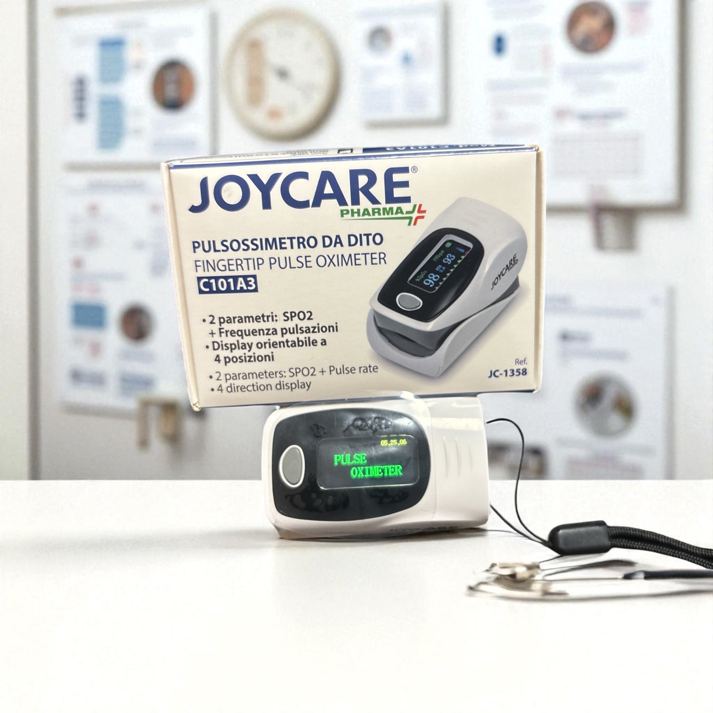 Joycare Fingertip Pulse Oximeter, ein Pulsoximeter für den Finger. Sauerstoffsättigung im Blut und die Herzfrequenz misst.