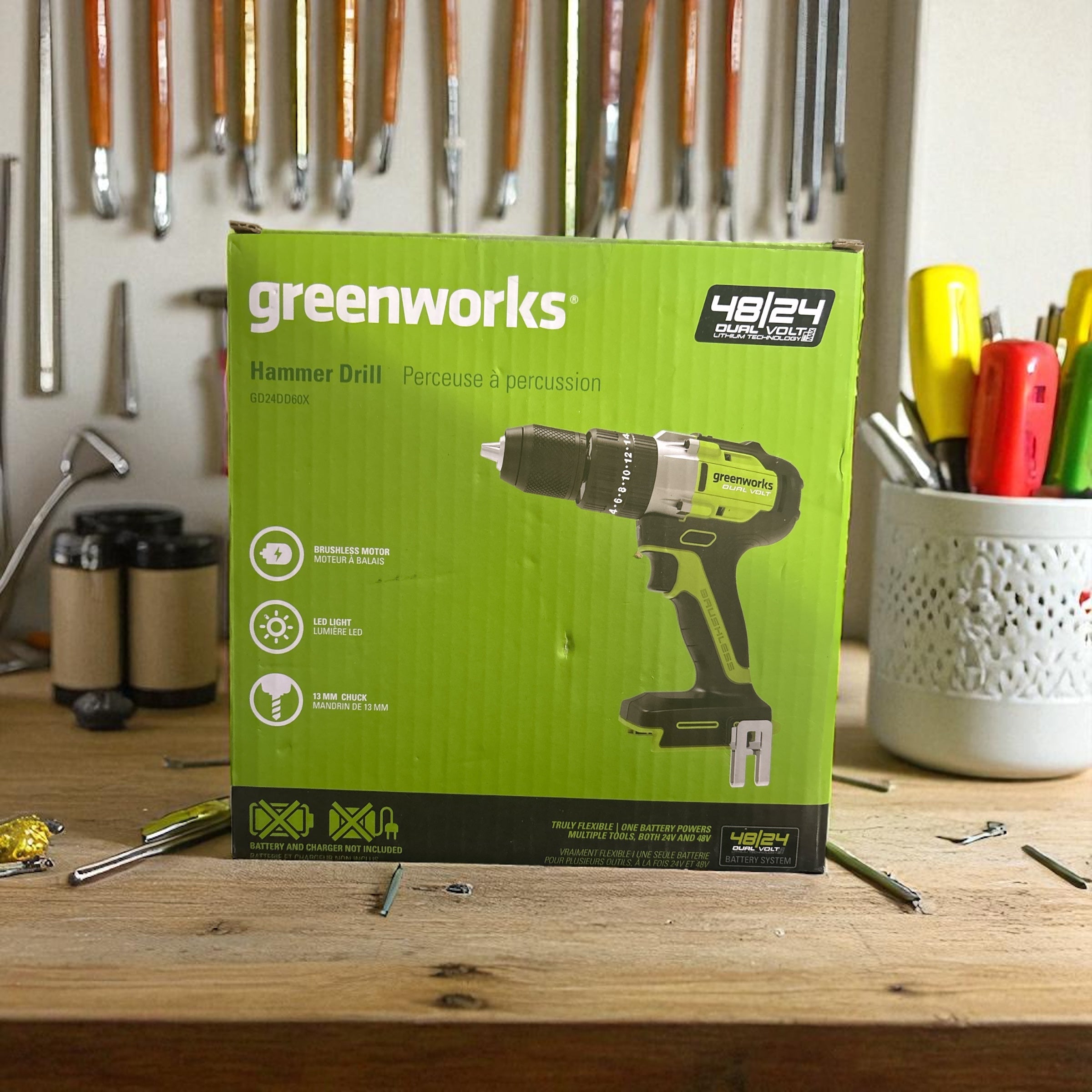 Greenworks Akku-Bohrschrauber GD24DD60 (Li-Ion 24V 60 Nm Drehmoment 1700 U/min 1/2 „Schaftdurchmesser leistungsstarker bürstenloser Motor ohne Akku und Ladegerät)