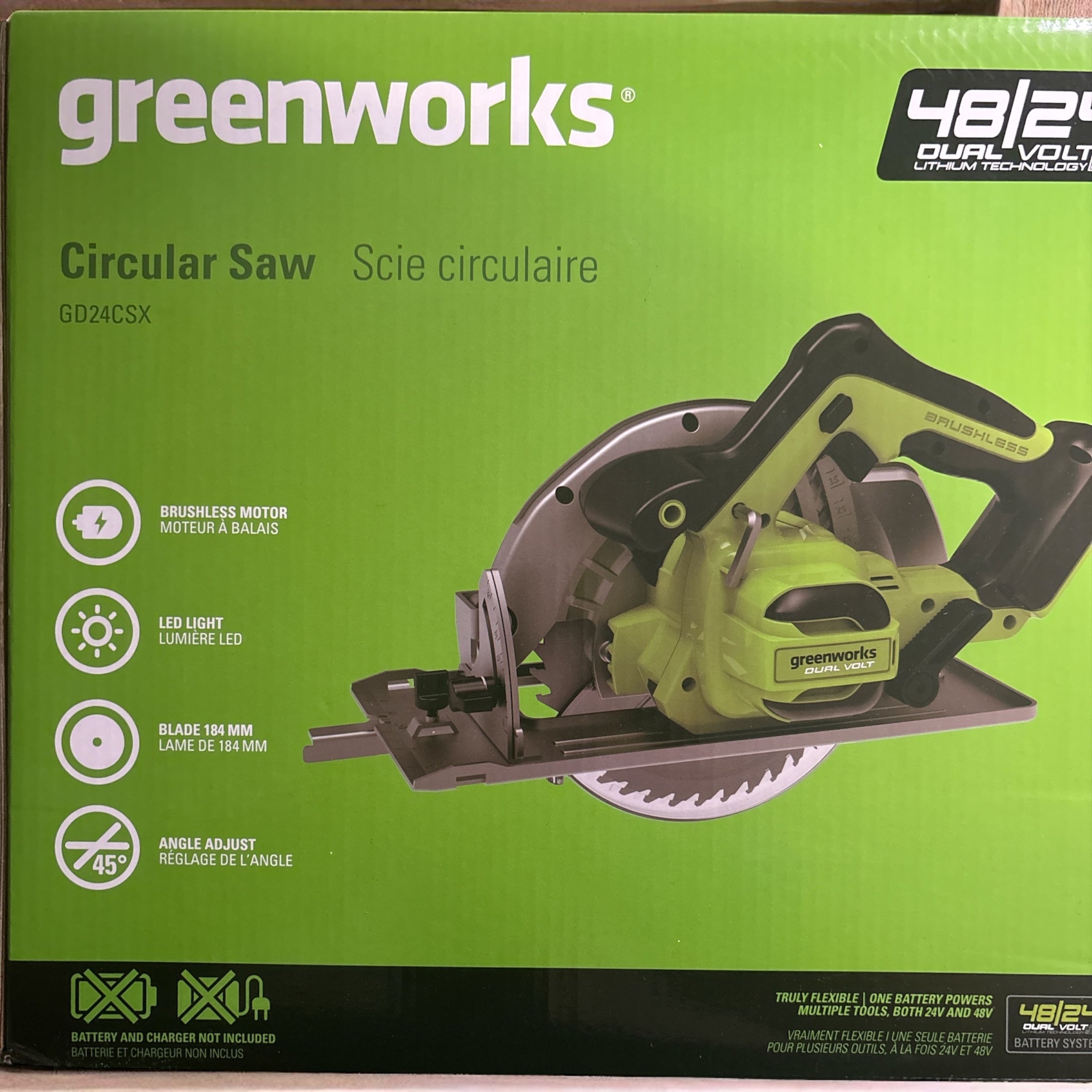 Greenworks GD24CS Akku Kreissäge, 4500 U/min, 184x20mm Sägeblatt, 63mm Schnitttiefe, OHNE 24V Akku & Ladegerät