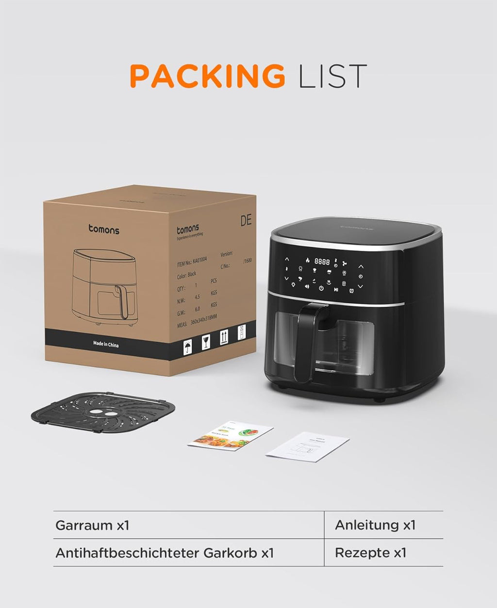 tomons Heißluftfritteuse 6L, Friteuse Heissluft Fritteusen Air Fryer mit Sichtfenster(KA01004),Zustand: sehr gut