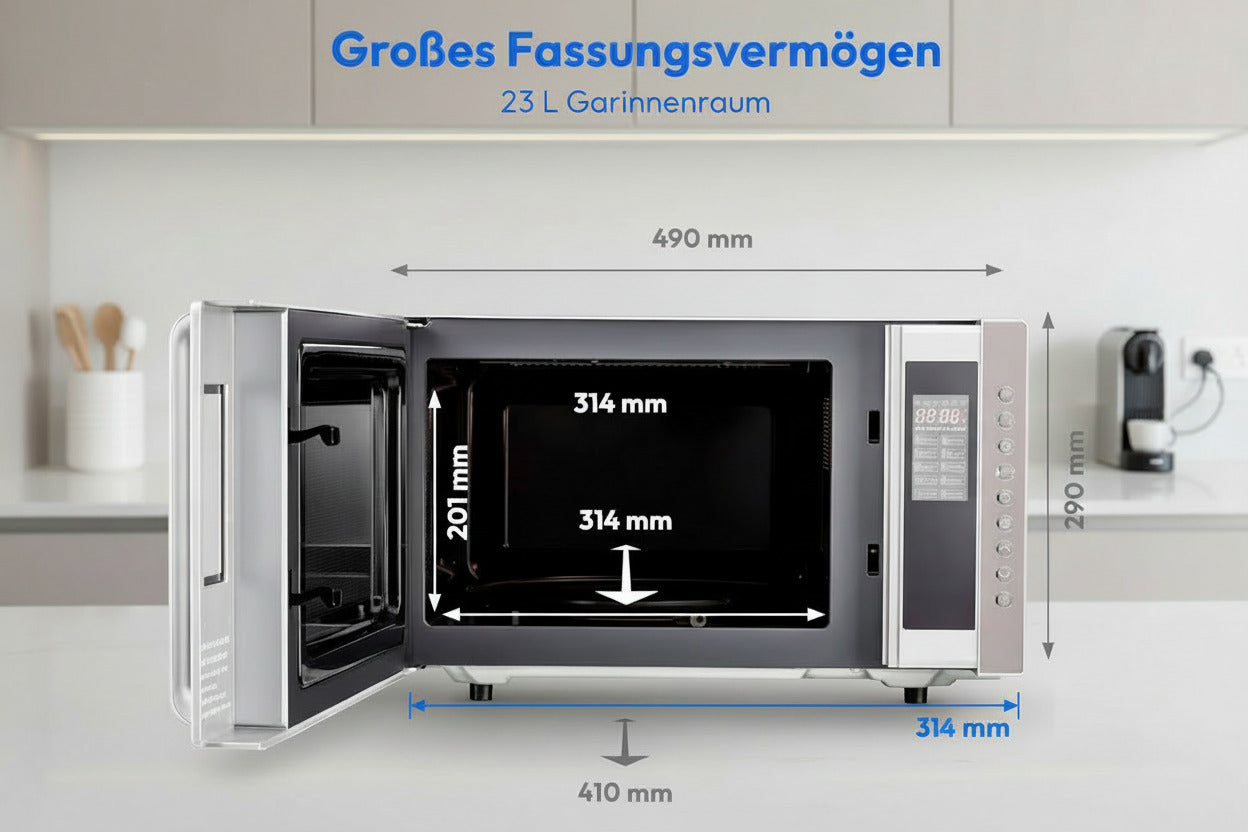 Mikrowelle  der Firma MEDION 3 in 1 mit Grill und Heißluft  ( 800 Watt Leistung, 1200 Watt Obergrill-/Heißluftleistung, freistehend, MD17495) silber•	Zustand: Unbenutzt (Verpackung geöffnet)