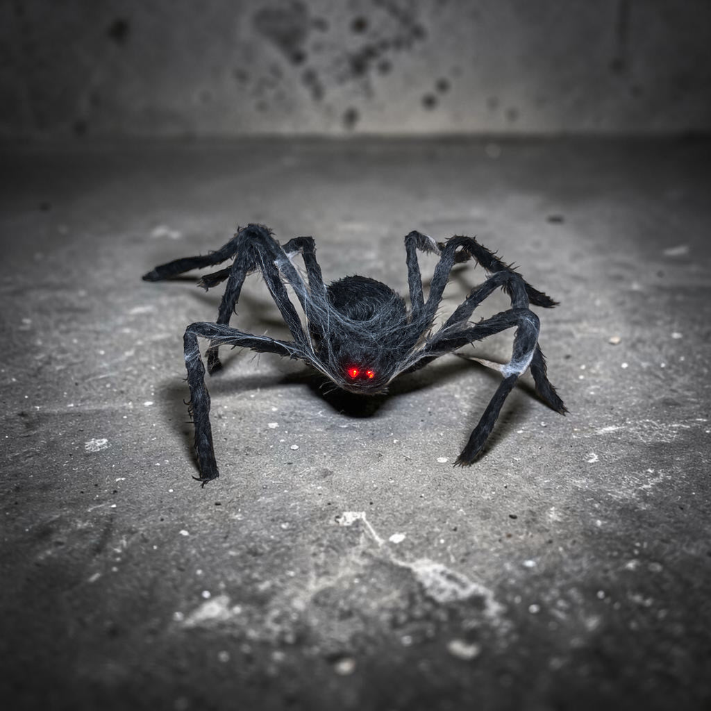 🕷️ Halloween Spinne mit Leuchtaugen & Bewegung – Sound-/Druckknopf-Aktivierung