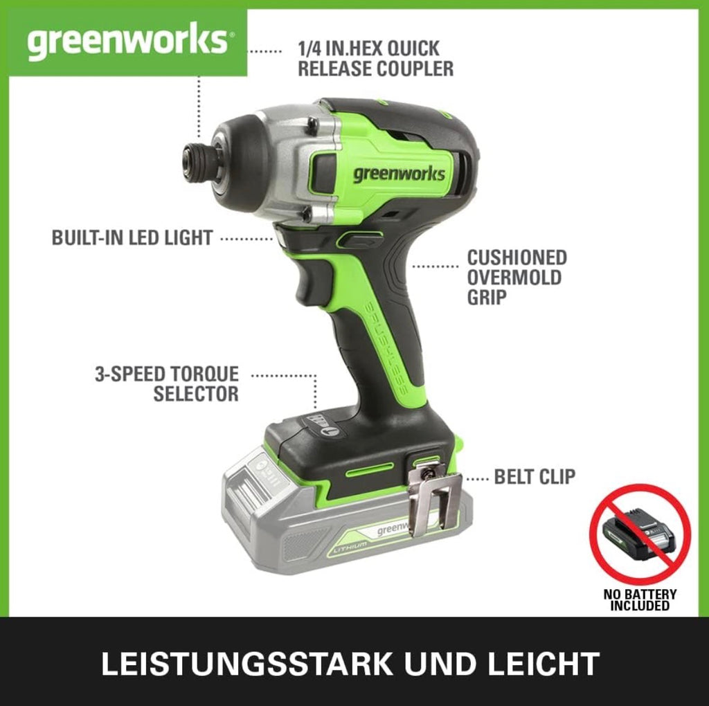 Greenworks GD24ID3 Akku Schlagschrauber mit bürstenlosem Motor, 2800 rpm, 4000 ipm, 300 Nm Drehmoment, 1/4" Sechskantfutter OHNE 24V Akku & Ladegerät