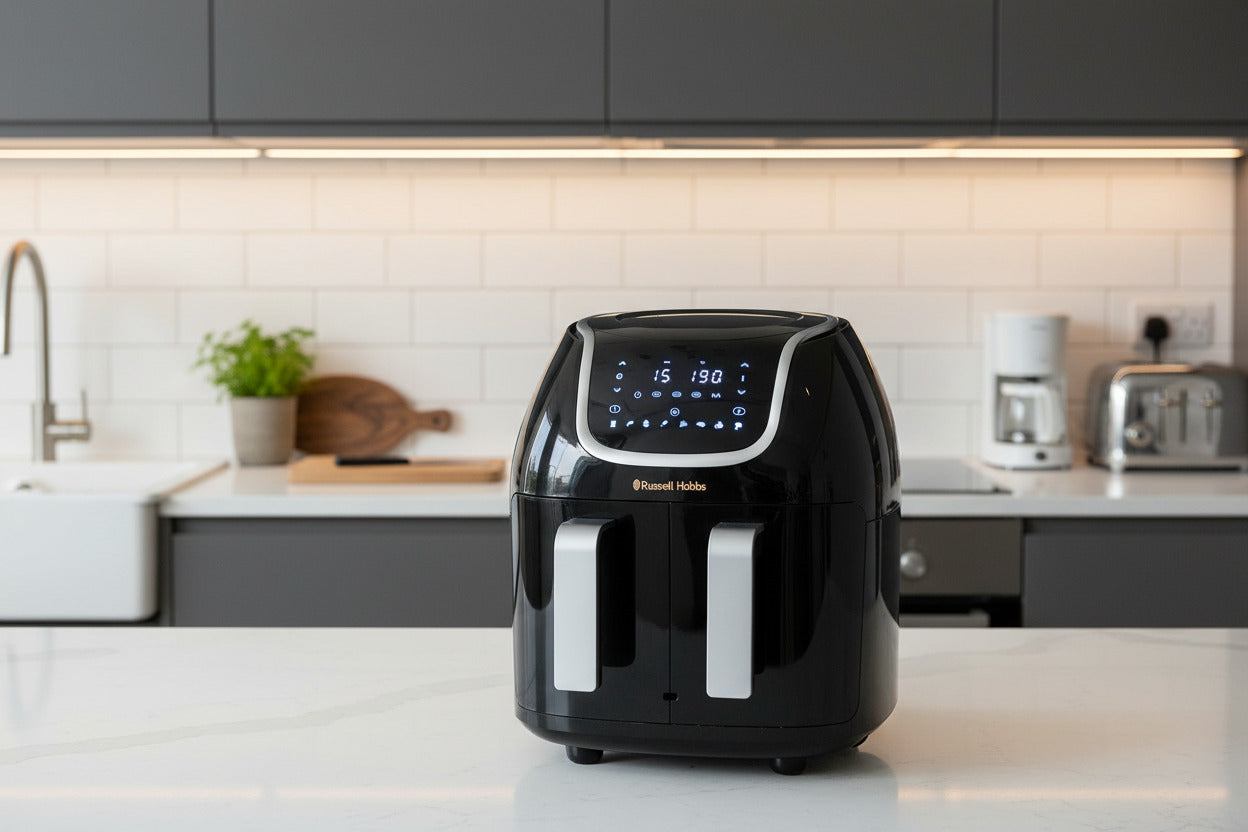 Russell Hobbs Heißluftfritteuse Doppelkammer [2 Fächer: 4,25l oder ein Korb 8,5l ] AirFryer SatisFry Snappi (8 Programme, spülmaschinenfest, Touchscreen, Fritteuse ohne Öl) Dual Basket 27290-56(Gebraucht,Zustand:sehr gut)