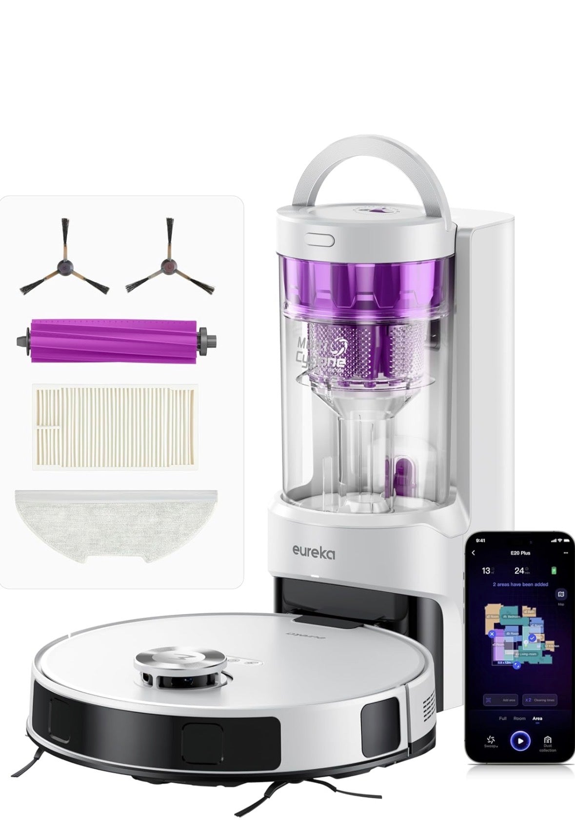 Eureka E20 Plus Staubsaugroboter mit 8000 Pa Saugkraft und selbstentleerender Station, Anti-Wickel-Funktion, 3D Hindernisvermeidung, 180 Minuten Laufzeit, DuoDetect AI, Gebraucht (Zustand: wie neu )