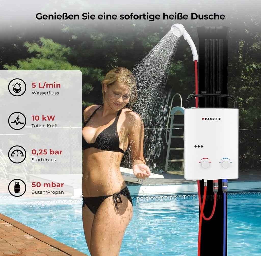 CAMPLUX AY132-DE 5 Liter Tankless Gasdurchlauferhitzer 50mbar, LPG Durchlauferhitzer mit Tragbarer Griff, 10 kW, Propan- oder Butangas, Gebraucht ( Zustand: wie neu )