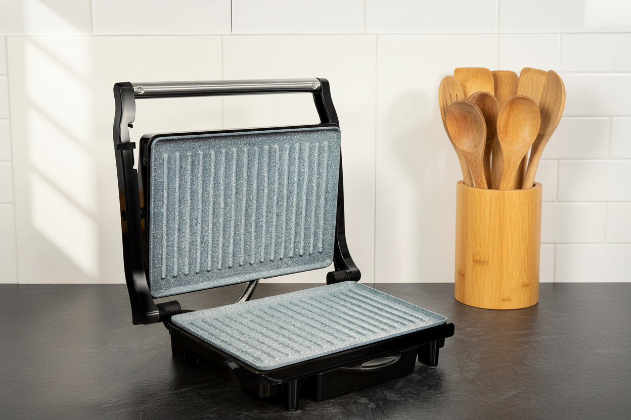 Elektrischer Kontaktgrill der Firma Cecotec mit  1500 W, Grillfläche 24,5 x 17,3 cm, RockStone-Beschichtung, Fettauffangschale.(Retoure, Zustand: Unbenutzt (Verpackung geöffnet)