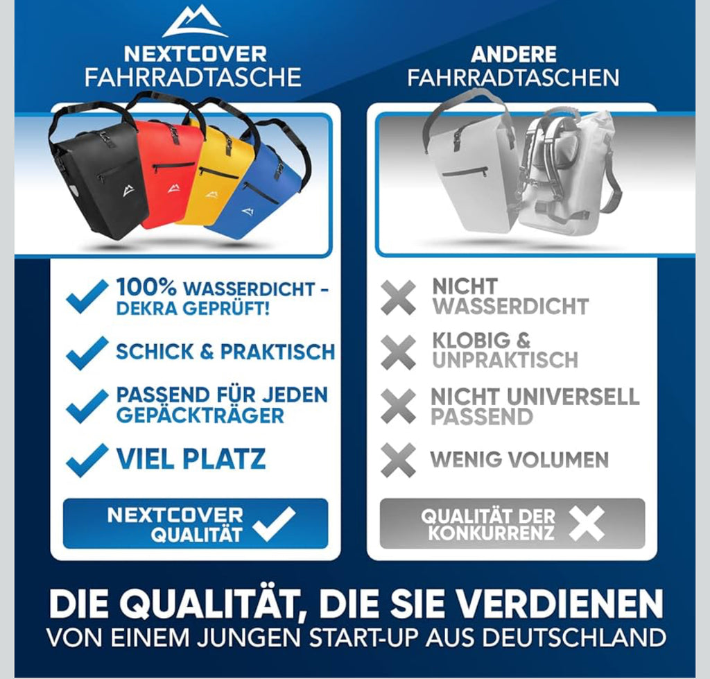 Nextcover  Multifunktionale Fahrradtasche für Gepäckträger 100% Wasserdicht I Fahrrad Tasche mit Reflektoren dunkel blau