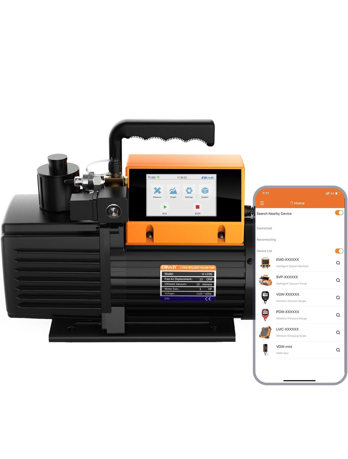 Elitech 12 CFM Vakuumpumpe, 2-stufige intelligente HVAC-Vakuumpumpe mit App-Steuerung, V1200