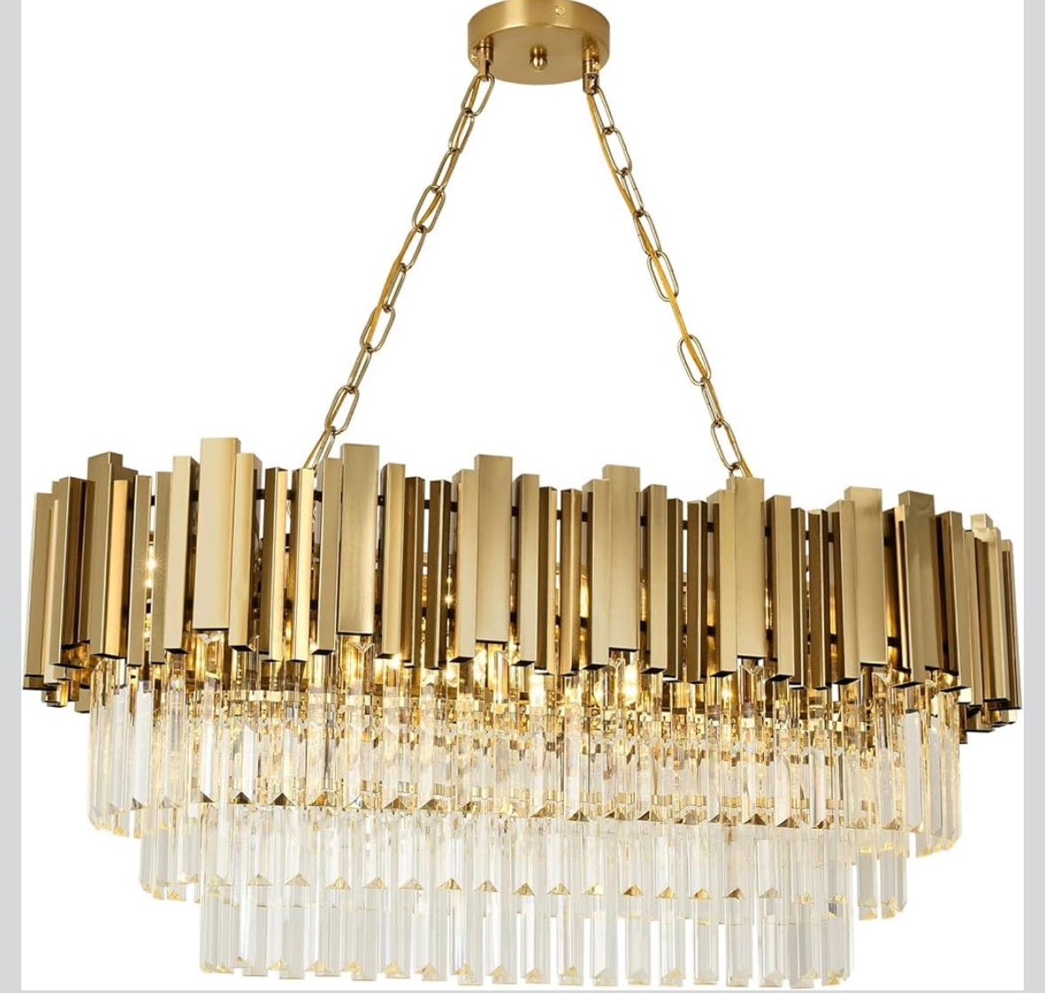 Modern Kristall Kronleuchter Gold Pendelleuchte, Oval Kristall Hängeleuchte, Häengelampe für Wohnzimmer