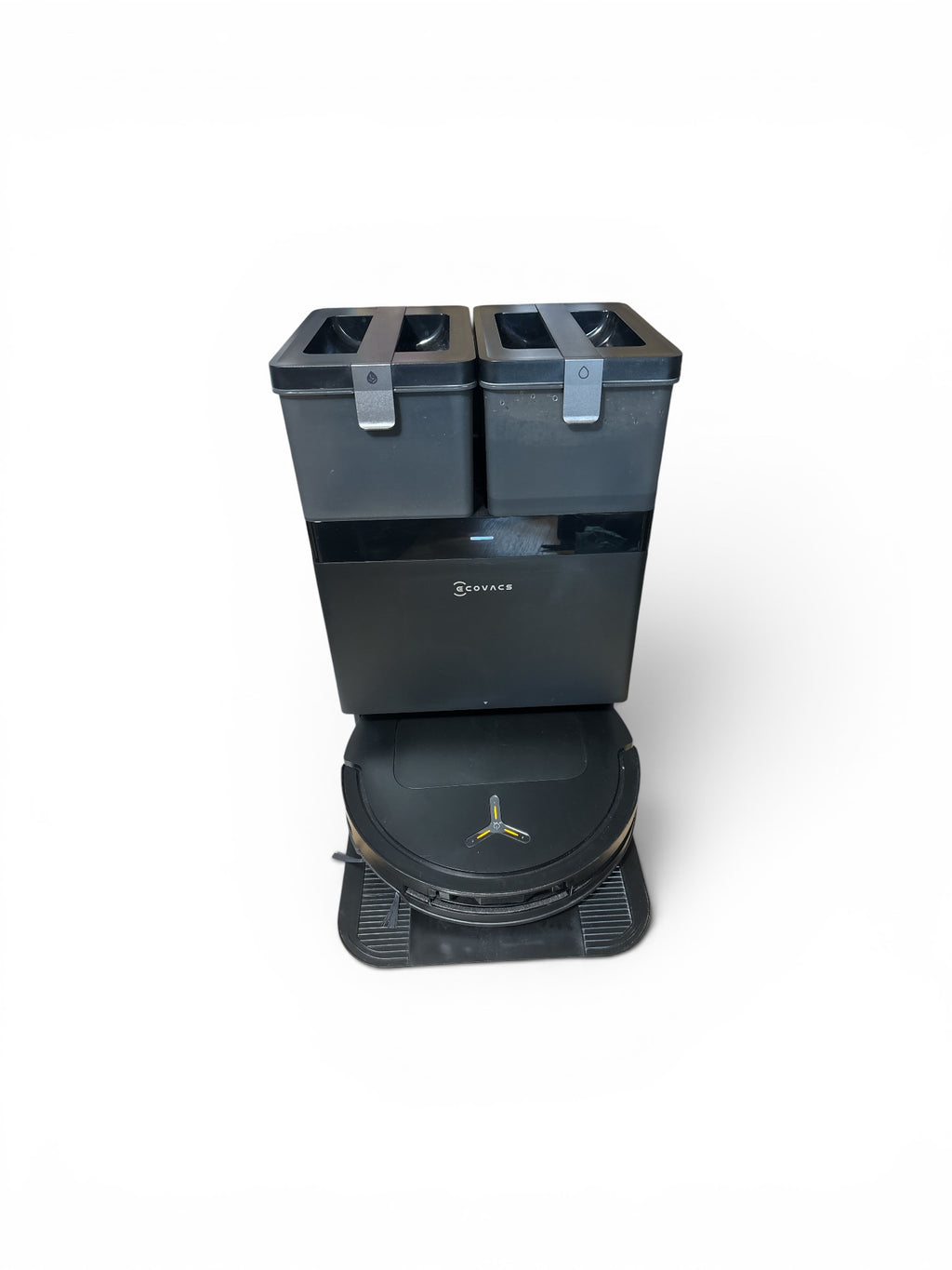Saugroboter der Firma ECOVACS, Model DEEBOT T50 Omni Gen2 mit Wischfunktion, 21.000 Pa, Ausziehbare Seitenbürste und Mopp, Silberschwarz, Zustand: Generalüberholt (sehr gut)