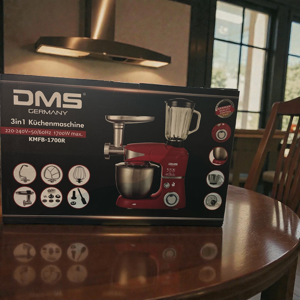 DMS 3 in 1 Küchenmaschine | Knetmaschine und Rührmaschine in einer 5 L Edelstahlschüssel mit Deckel | Fleischwolf | Mixer/Icecrusher | 6 Geschwindigkeitsstufen | Spritzschutz | Leistung 1700W | Rot