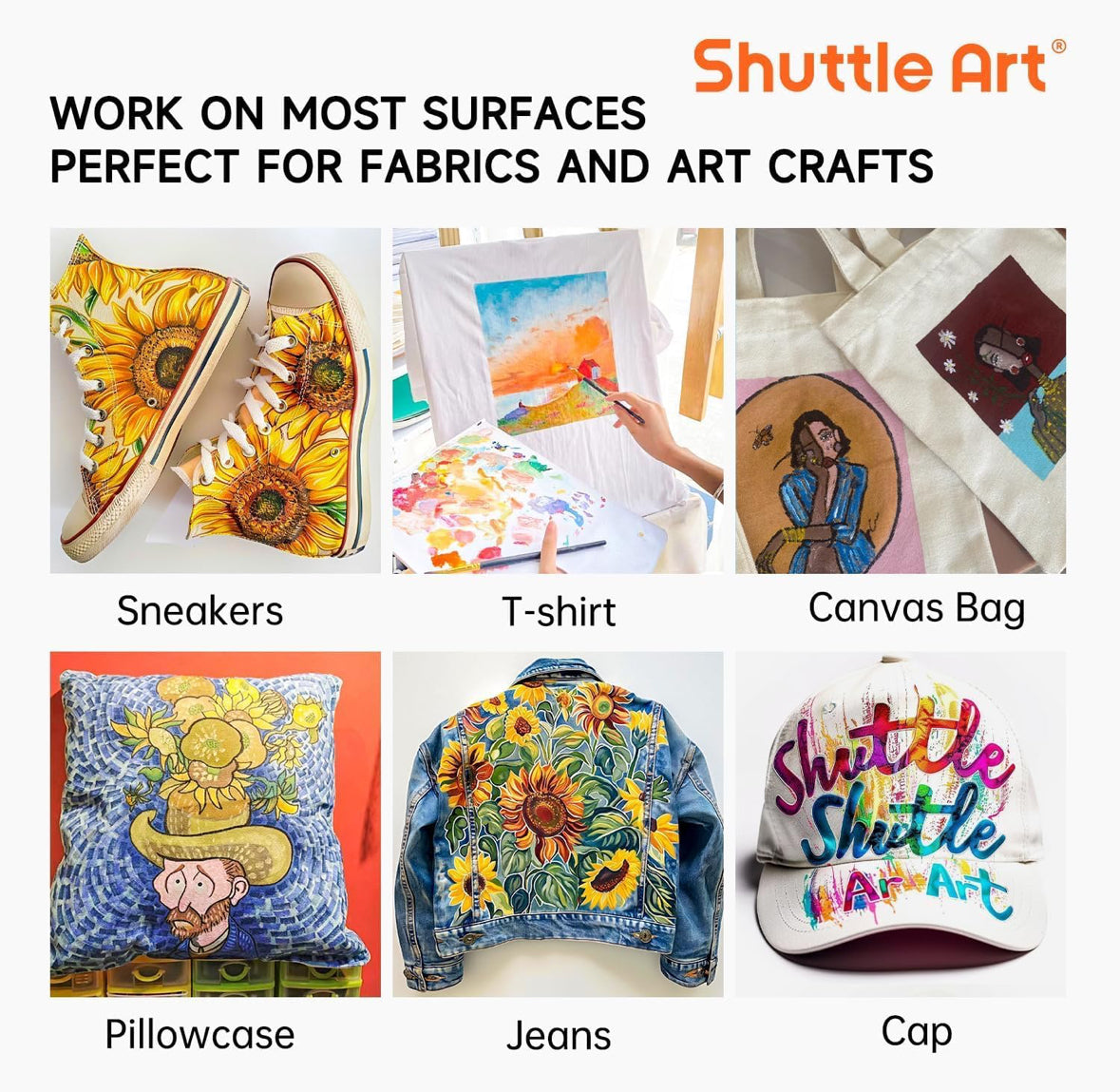 Shuttle Art 24 textilfarben waschmaschinenfest, Stoffmalfarben waschfest kinder in Flaschen (je 60 ml) mit Pinseln, Vorlagen, wasserfeste Stofffarben für Erwachsene, Kinder auf T-Shirt, Schuhe, Jeans