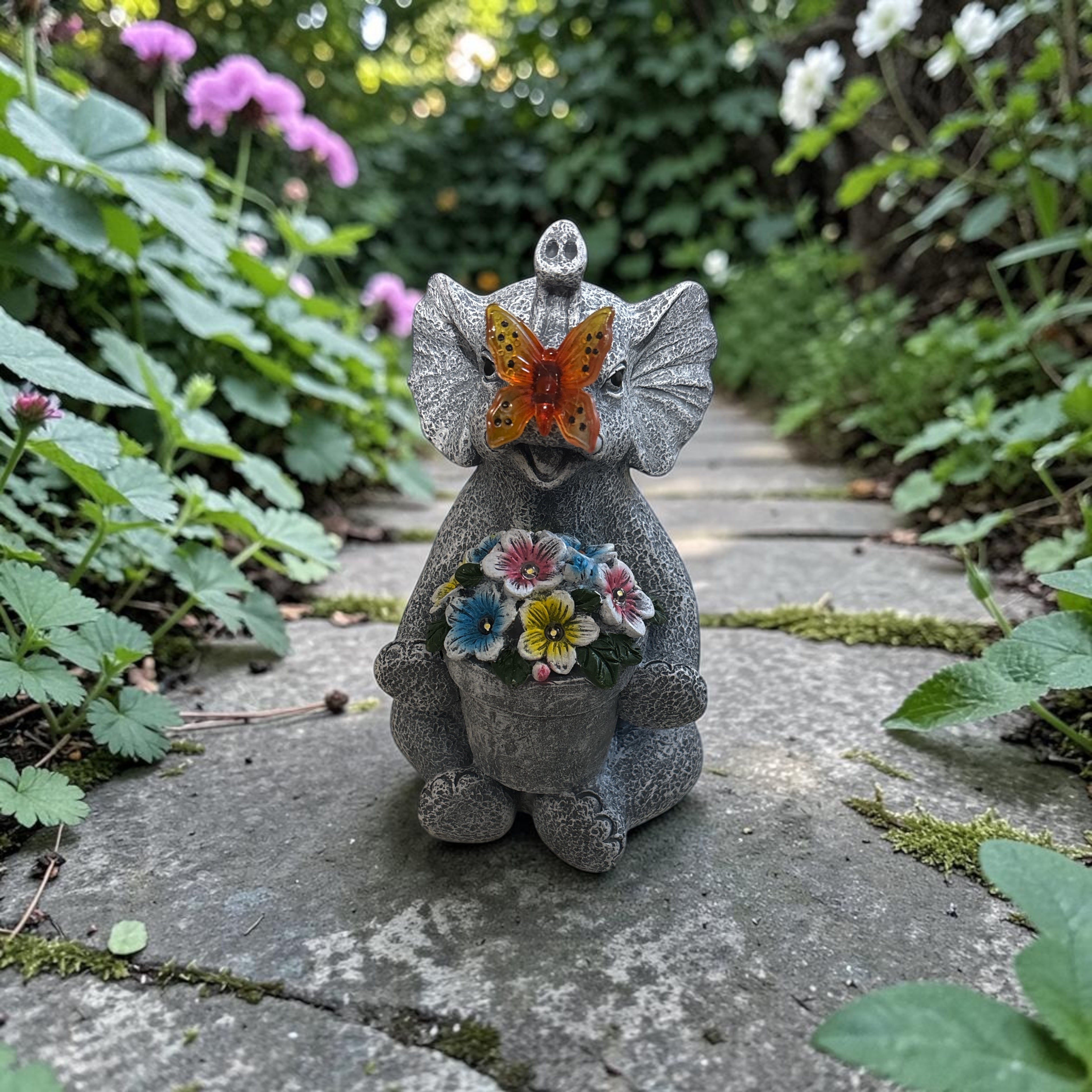 Elefant Figuren mit Solar Deko für Außen, Elefanten Figur mit Schmetterlinge ca.20cm h