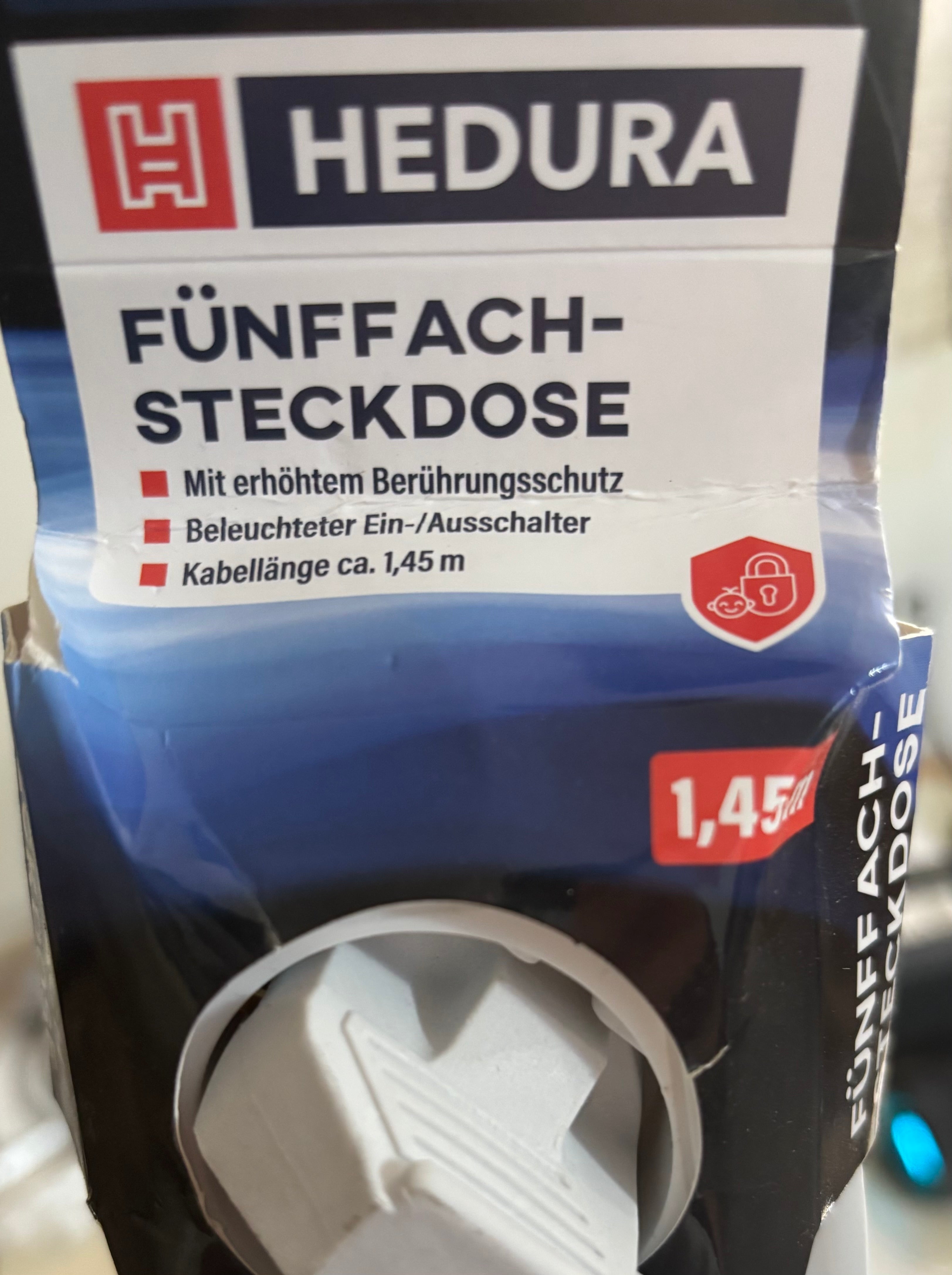HEDURA Fünffach-Steckdosenleiste mit beleuchteten Ein und Ausschalter, 1,45m Kabel