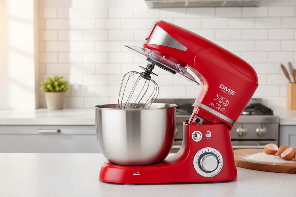 DMS 3 in 1 Küchenmaschine | Knetmaschine und Rührmaschine in einer 5 L Edelstahlschüssel mit Deckel | Fleischwolf | Mixer/Icecrusher | 6 Geschwindigkeitsstufen | Spritzschutz | Leistung 1700W | Rot