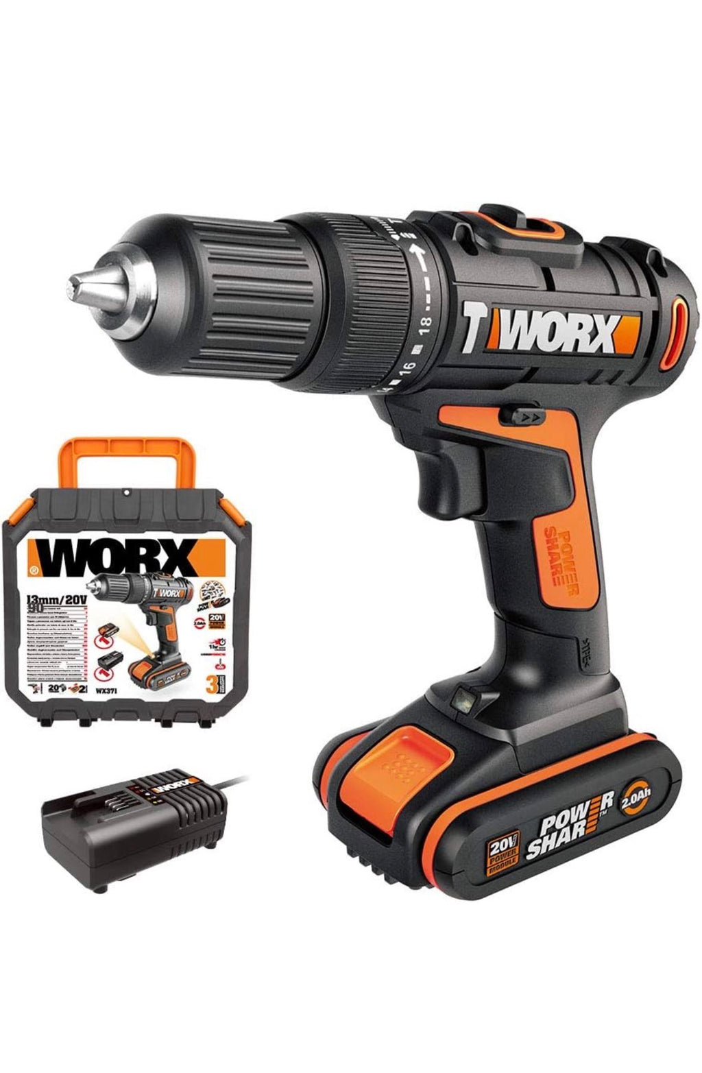 Akku-Schlagbohrschrauber der Firma WORX, Model WX371 18V(20V MAX) , 2,0Ah, PowerShare, 2 Gänge, Koffer,Zustand: Unbenutzt (Verpackung geöffnet)