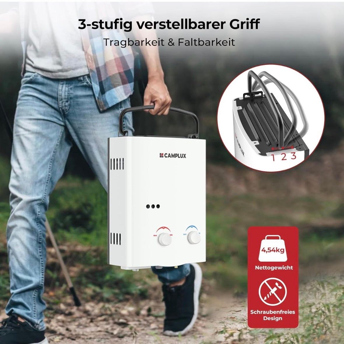 CAMPLUX AY132-DE 5 Liter Tankless Gasdurchlauferhitzer 50mbar, LPG Durchlauferhitzer mit Tragbarer Griff, 10 kW, Propan- oder Butangas, Gebraucht ( Zustand: wie neu )