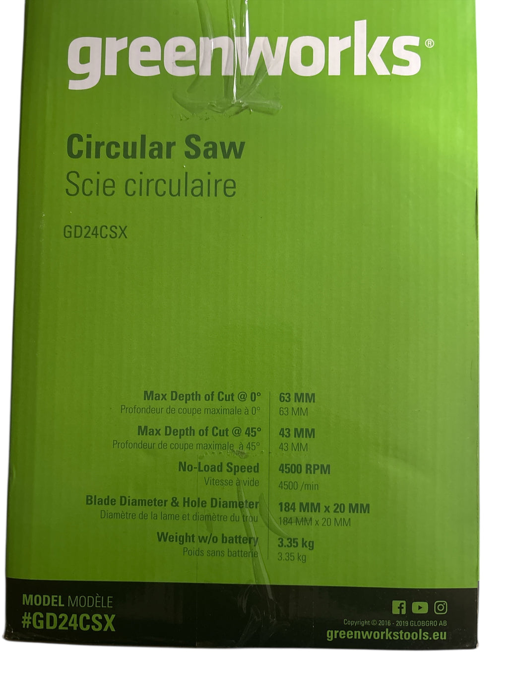 Greenworks GD24CS Akku Kreissäge, 4500 U/min, 184x20mm Sägeblatt, 63mm Schnitttiefe, OHNE 24V Akku & Ladegerät