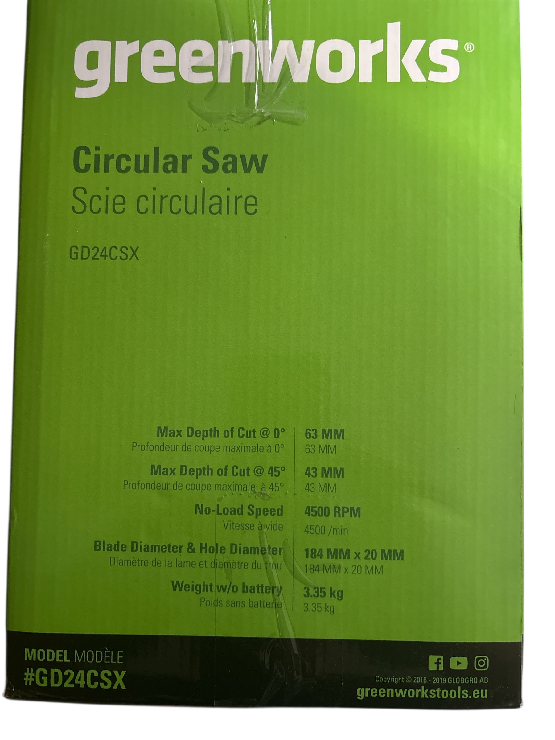 Greenworks GD24CS Akku Kreissäge, 4500 U/min, 184x20mm Sägeblatt, 63mm Schnitttiefe, OHNE 24V Akku & Ladegerät