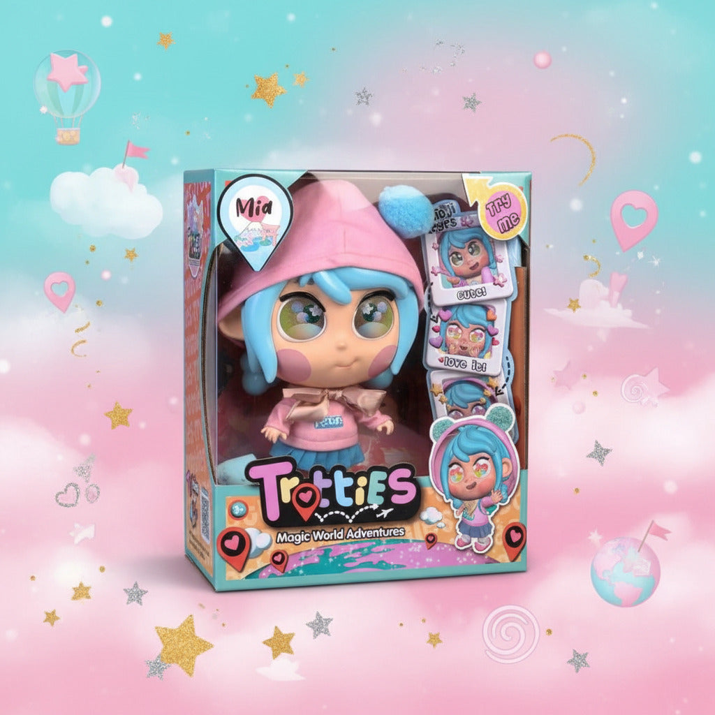 Trotties Mia mit Emoti-Augen, Mehrfarbig, Reisepuppen aus der Zeichentrickserie, mit über 10 Accessoires, Geschenk für Mädchen und Jungen ab 3 Jahren