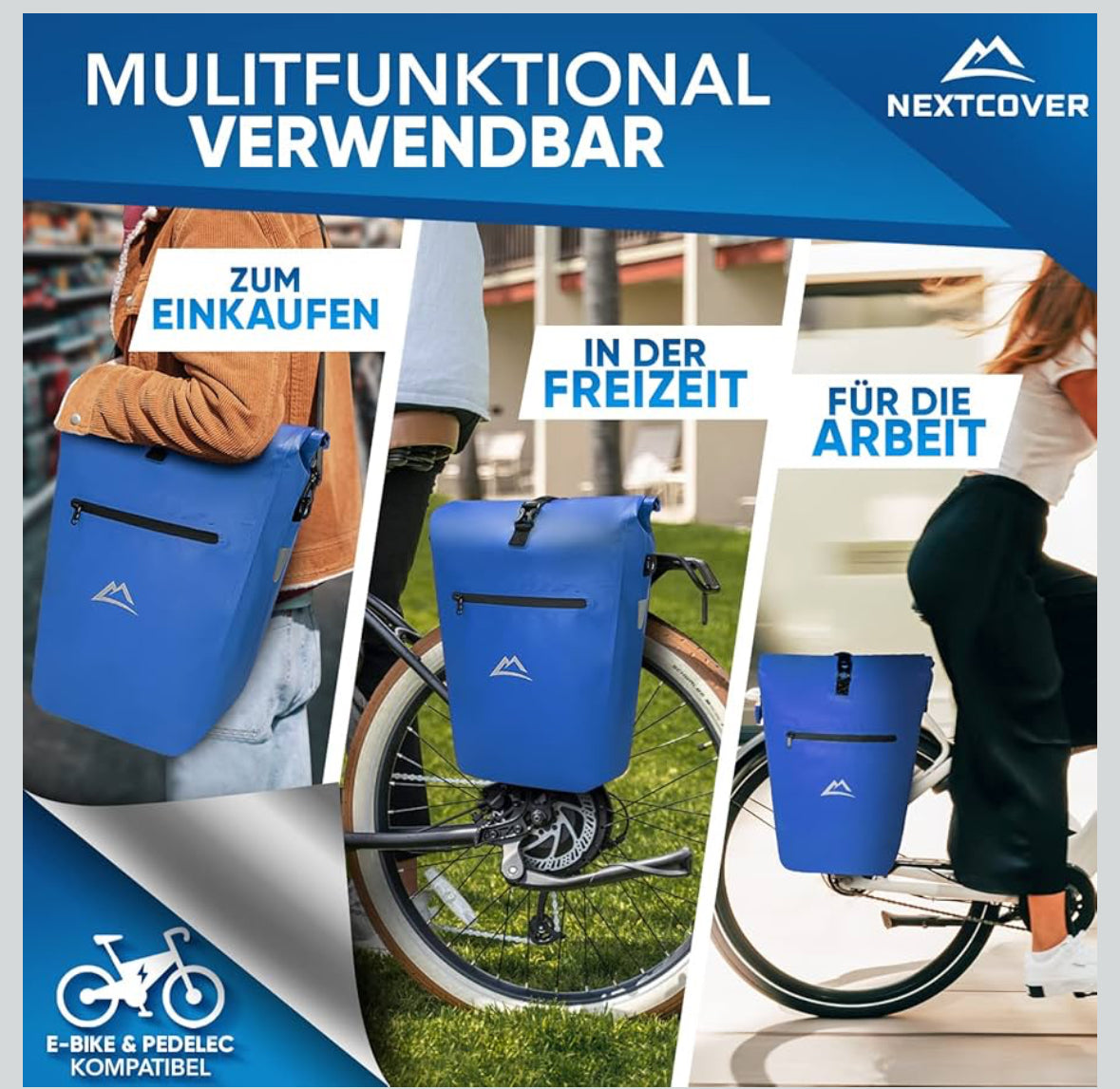 Nextcover  Multifunktionale Fahrradtasche für Gepäckträger 100% Wasserdicht I Fahrrad Tasche mit Reflektoren dunkel blau