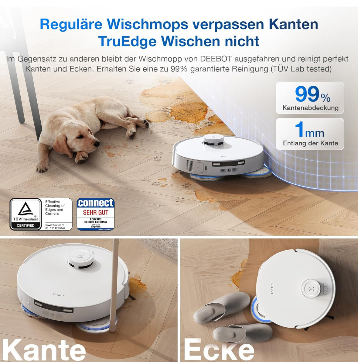 ECOVACS DEEBOT T30 PRO OMNI Saugroboter mit Wischfunktion, mit TrueEdge Moppin, Zero Tangle Bürste, 11.000 PA Saugkraft mit heißem Wasser und Smart Rewash, Farbe Silber( Gebraucht,Zustand sehr gut)