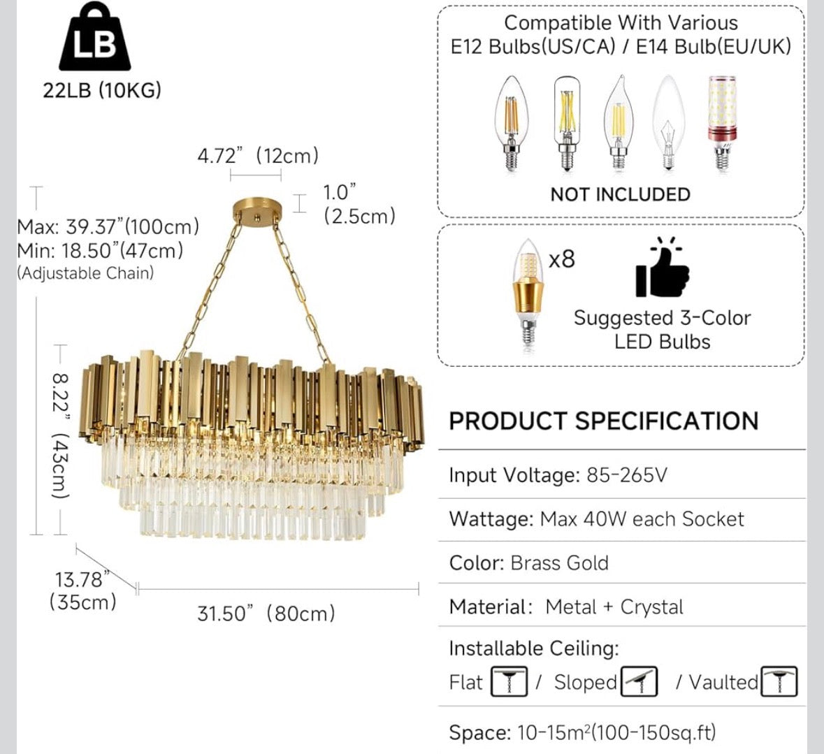 Modern Kristall Kronleuchter Gold Pendelleuchte, Oval Kristall Hängeleuchte, Häengelampe für Wohnzimmer