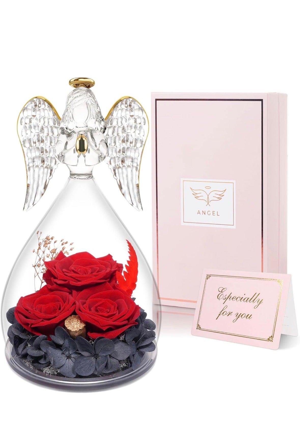 Geschenke für Mama, Ewige Rose im Glas Engel Figur 16 cm groß