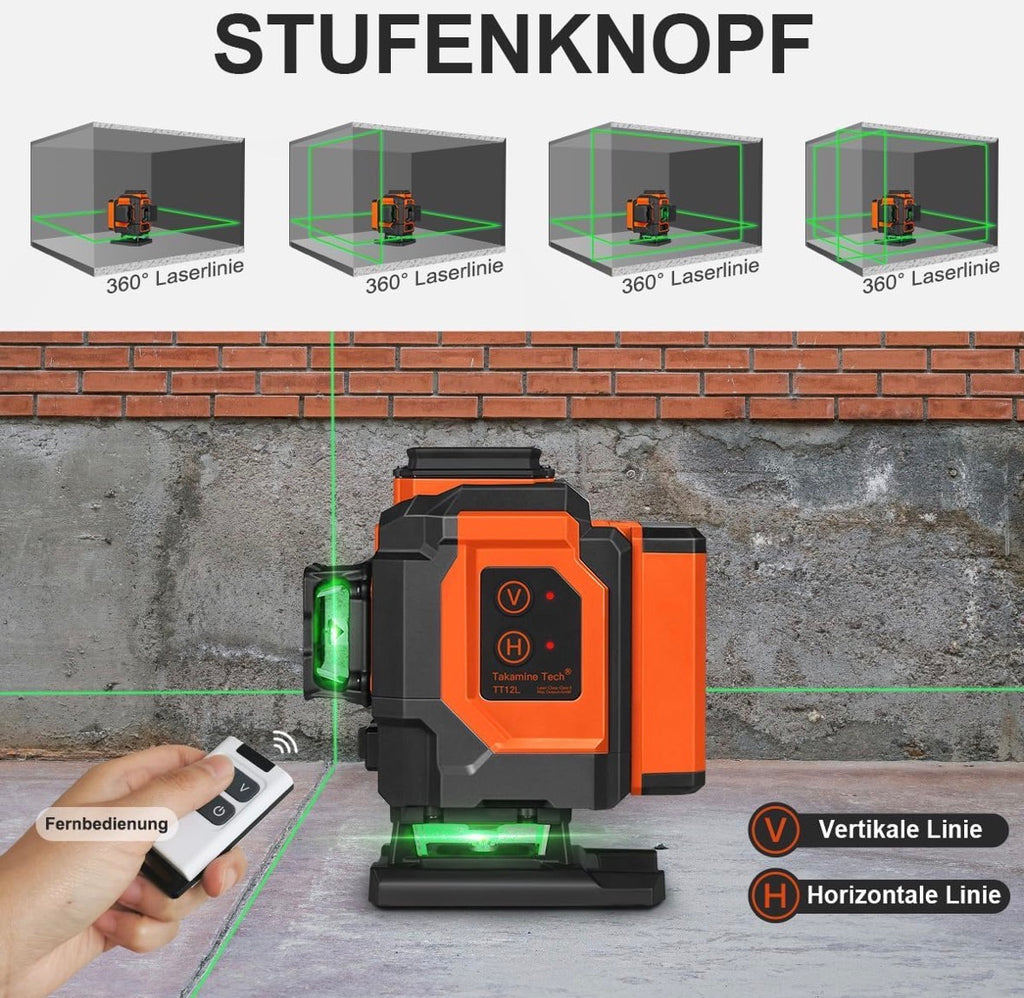 Kreuzlinienlaser grün,TakamineTech 3X360 Grad Laser Wasserwaage Selbstnivellierend,3D Kreuzlaser 12 Linienlaser,Baulaser für Innenbereich Baustelle,Wandlaser mit wiederaufladbarer Batterie(Type-C)