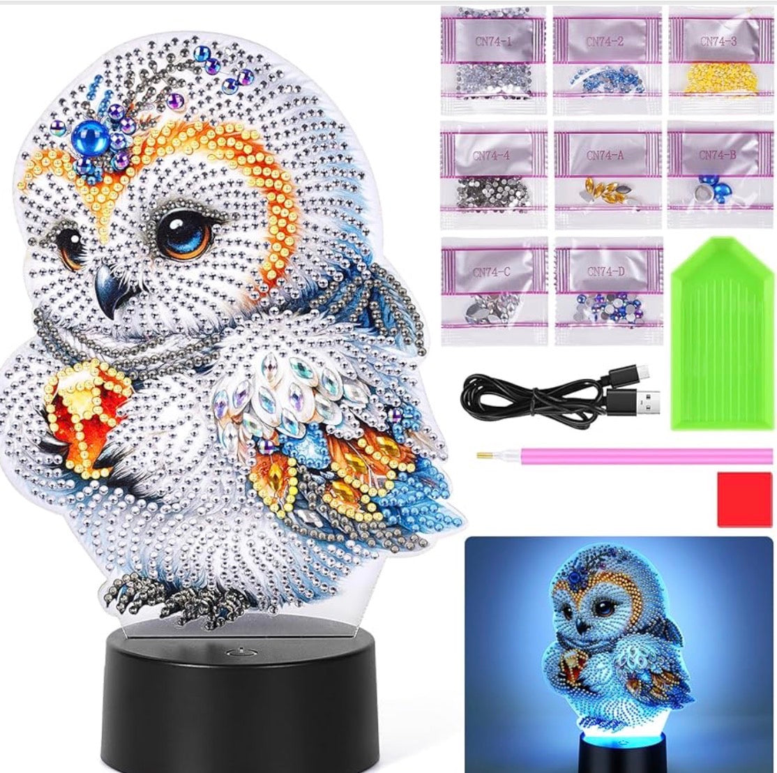 Nachtlicht DIY Diamond Painting Eule Deko, 5D Diamant Painting Kreative Nachtlicht