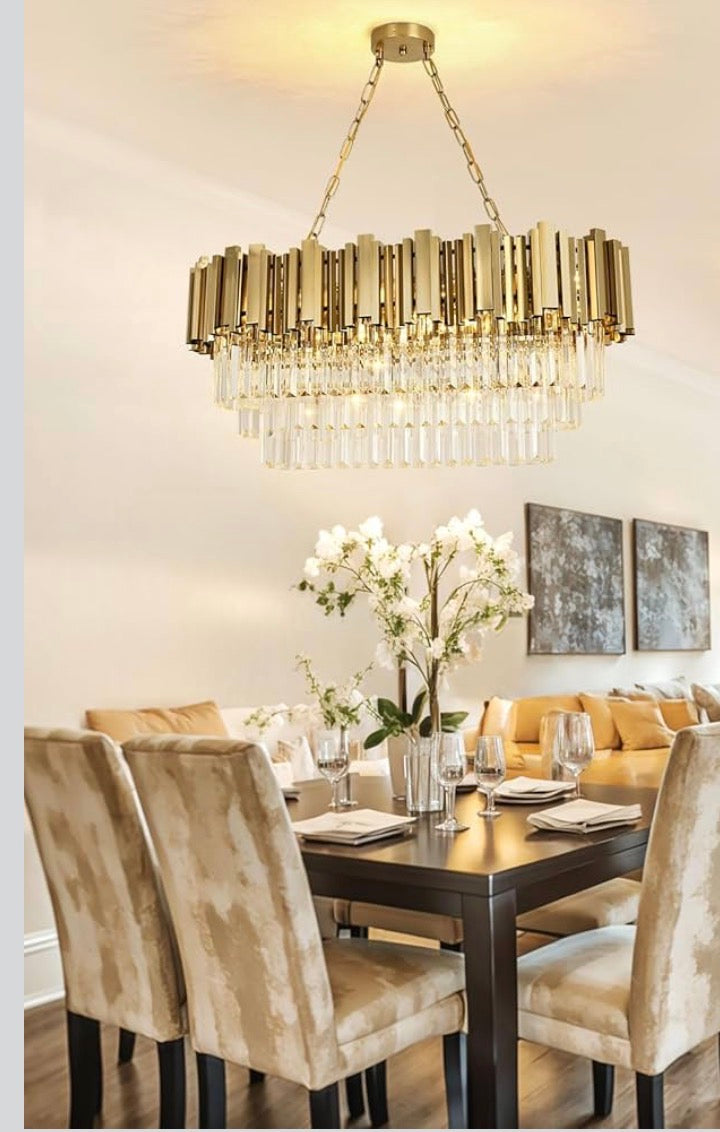 Modern Kristall Kronleuchter Gold Pendelleuchte, Oval Kristall Hängeleuchte, Häengelampe für Wohnzimmer