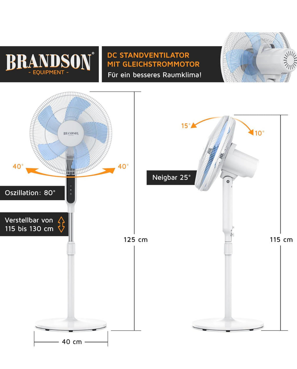 Brandson - DC Standventilator energiesparend ECO - Preisträger 2025 - Fernbedienung - Brushless Silent Motor -sehr leise – Oszilation 60° 90° 120° - Ventilator Timer – 12 Stufen - Turbo Modus - weiß