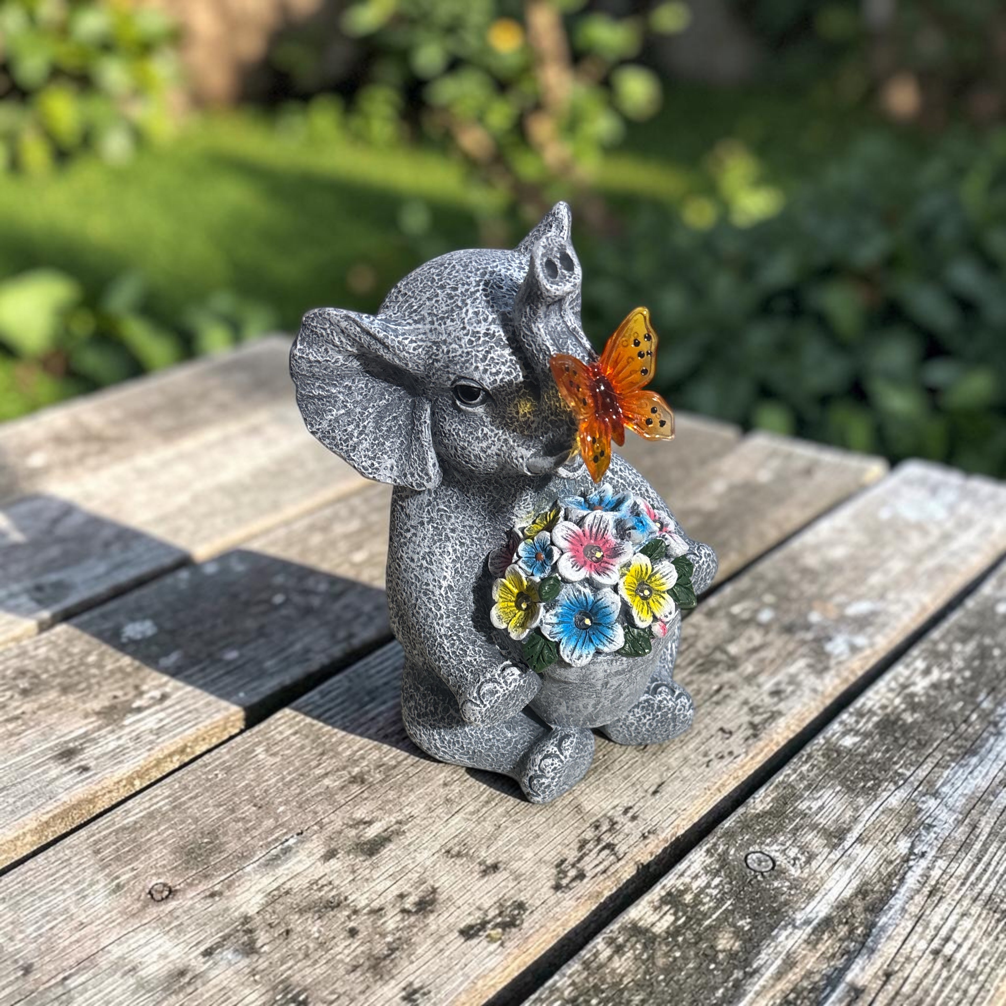 Elefant Figuren mit Solar Deko für Außen, Elefanten Figur mit Schmetterlinge ca.20cm h